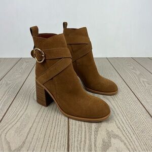 See by Chloé Suede Buckle Ankle Booties 37.5 Tobacco (Tan) & Goldtone Metal $525